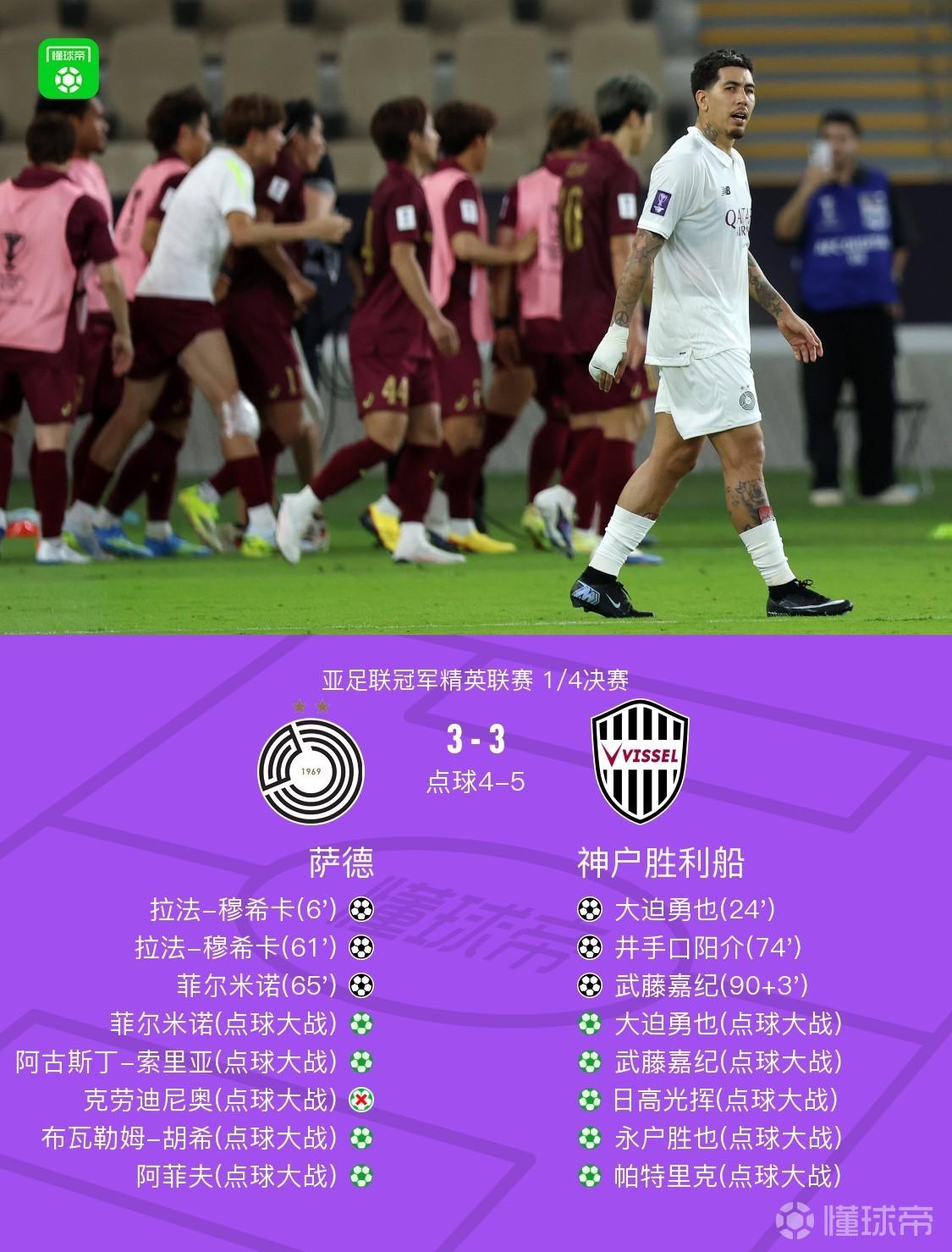 神户8-7淘汰萨德晋级亚冠四强，菲尔米诺传射，武藤嘉纪绝平